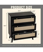Modern 3-Drawer Rattan Dresser – Space-Saving Wooden Storage Chest for Bedroom, Living Room & Dorms