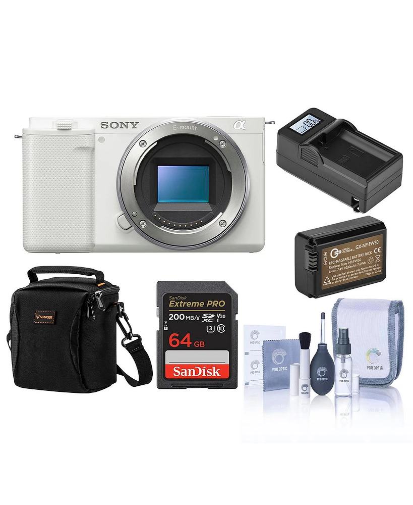 Sony Zv-E10 Mirrorless Camera, White, Bundle with 64GB Memory Card, Li-Ion Battery and Shoulder Bag