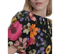 Eliza J Petite 3D-Floral Puff-Sleeve Mini Dress