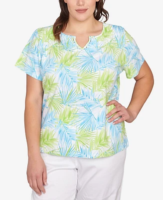 Hearts Of Palm Plus Short Sleeve Leaf Print Top