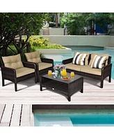 4PCS Patio Rattan Furniture Set Loveseat Sofa Coffee Table Garden W/ Cushion