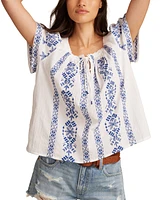 Lucky Brand Women's Cotton Floral Short-Sleeve Peasant Top