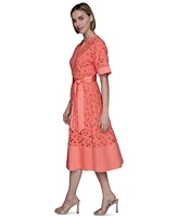 Karl Lagerfeld Paris Petite Cotton Button-Front Eyelet Dress