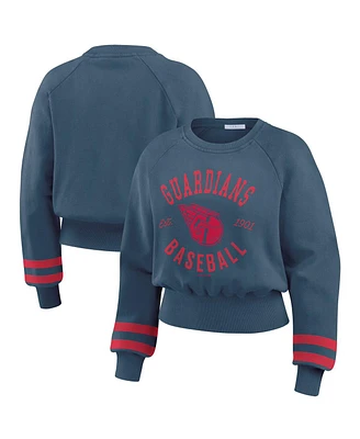 Wear By Erin Andrews Women's Navy Cleveland Guardians Vintage Washed Cropped Pullover Sweatshirt