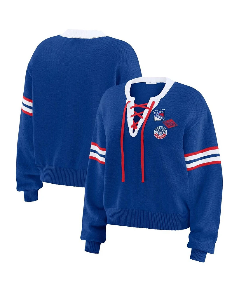 Wear By Erin Andrews Women's Blue New York Rangers Cropped Lace-Up Sweater