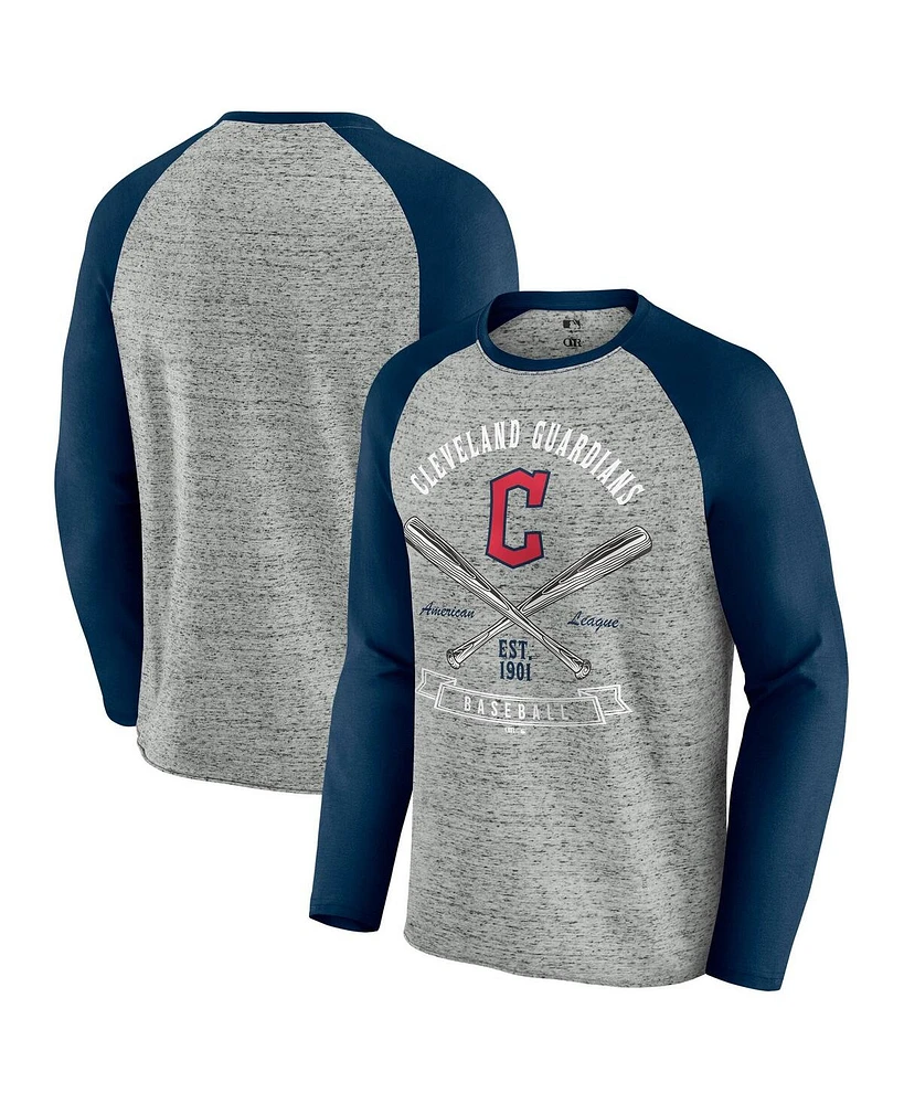 Fanatics Men's Heather Gray Cleveland Guardians Raw Edge Raglan Long Sleeve Baseball T-Shirt