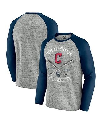 Fanatics Men's Heather Gray Cleveland Guardians Raw Edge Raglan Long Sleeve Baseball T-Shirt