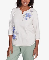 Alfred Dunner Petite Santa Fe Asymmetric Butterfly Floral Embroidered Top