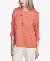 Alfred Dunner Petite Natural Instinct Solid Leaf Embroidered Top With Necklace