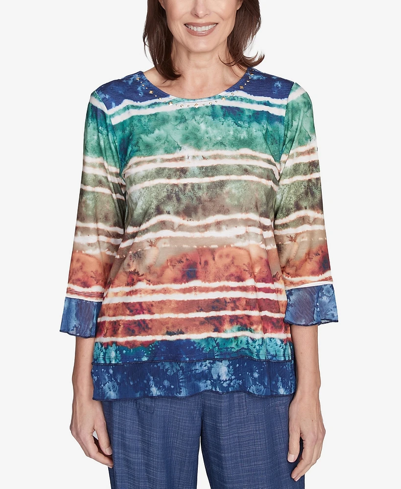 Alfred Dunner Petite Summer Solstice Tie Dye Striped Biadere Crewneck Top