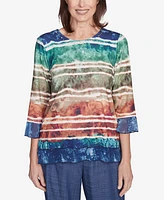 Alfred Dunner Petite Summer Solstice Tie Dye Striped Biadere Crewneck Top