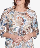Alfred Dunner Petite Summer Solstice Twisted Crew Neck Paisley Top