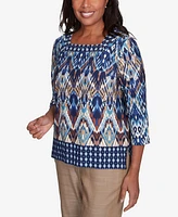 Alfred Dunner Petite Summer Solstice Ikat Diamond Border Square Neck Top
