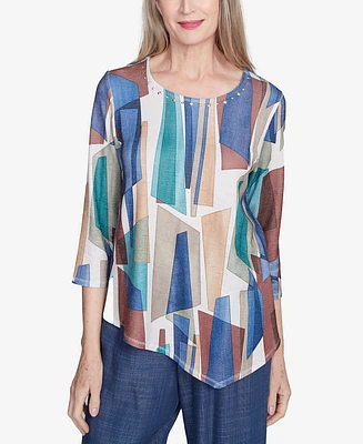 Alfred Dunner Petite Summer Solstice Abstract Stained Glass Crew Neck Top