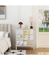 3-drawer mirrored nightstand, white wooden bedside table, end table with gold handles, suitable for bedroom, living room, and office use