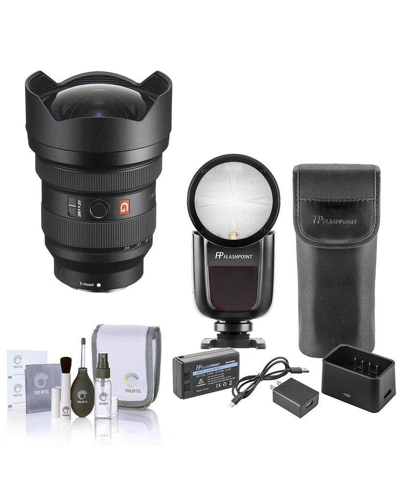 Sony Fe 12-24mm f/2.8 Gm Lens for Sony E, Bundle with Flashpoint Zoom Li-on X R2 Ttl On-Camera Round Flash Speedlight, Cleaning Kit