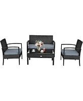 4PCS Patio Rattan Wicker Furniture Set Brown Loveseat Sofa