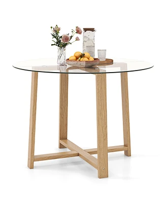 Round Glass Dining Table with Tempered Glass Tabletop and Rubber Wood Legs
