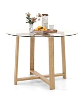 Round Glass Dining Table with Tempered Glass Tabletop and Rubber Wood Legs