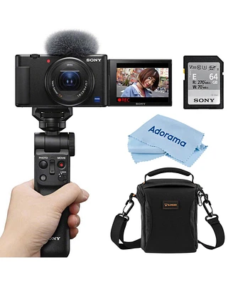 Sony Zv-1 Compact 4K Hd Camera, Black, Bundle with Shooting Grip/Tripod, 64GB Memory Card and Shoulder Bag