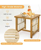 Gymax 3PCS Patio Acacia Wood Pe Wicker Furniture Set w/ Soft Seat & Back Cushions