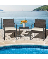 Gymax 3PCS Patio Rattan Hand-Woven Pe Wicker Bistro Set Outdoor Furniture Set w/ Table & Cushion