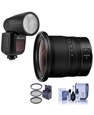 Nikon Nikkor Z 14-30mm f/4 S Lens, Bundle with Flashpoint Zoom Li-on X R2 Ttl On-Camera Round Flash Speedlight, 82mm Filter Kit, Cleaning Kit