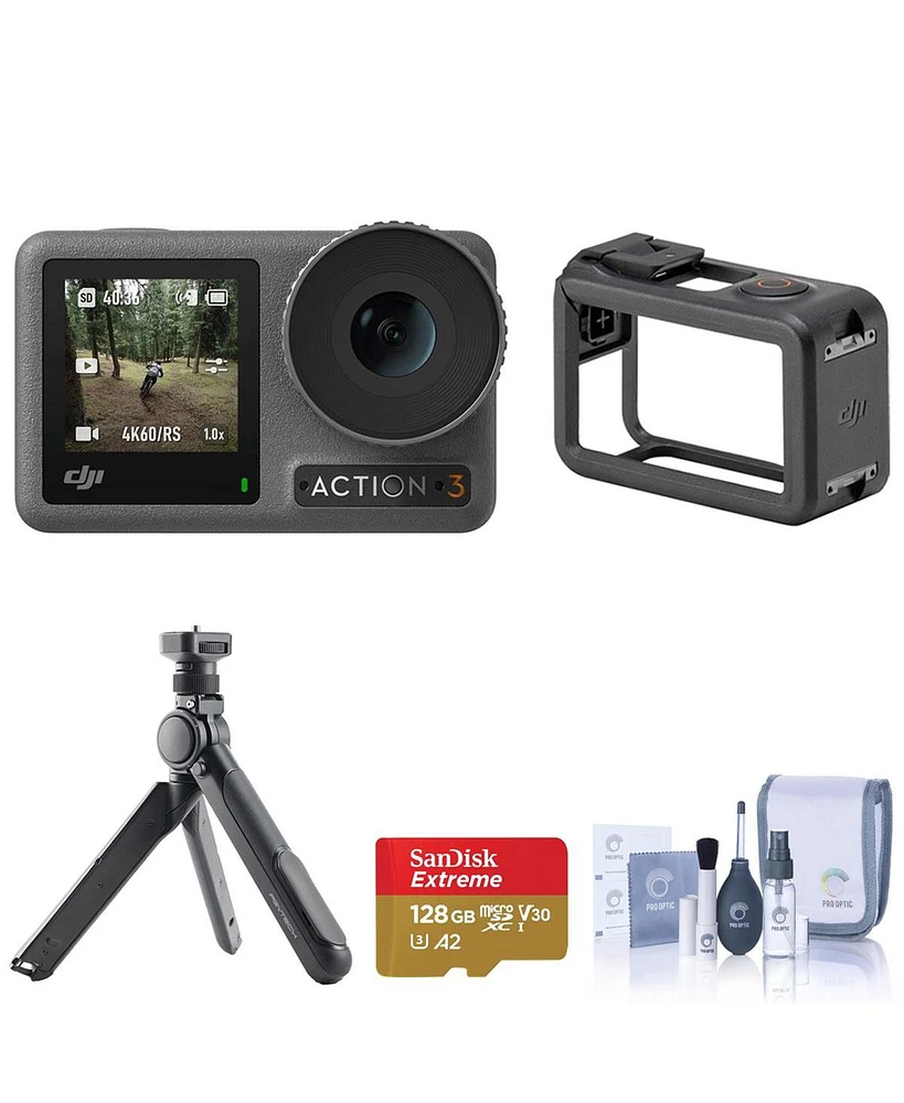 Dji Dji Osmo Action 4 Camera Standard Combo Bundle with Tripod, Complete Optics Care and Cleaning Kit, 128GB Uhs-i U3 microSDXC Memory Card with SD Ad