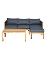 3PCS Patio Sofa Furniture Set Thick Cushion Acacia Wood