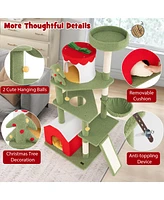Gymax 61'' Tall Christmas Cat Tree w/ Sisal Scratching Posts Plush Perch & 2 Condos