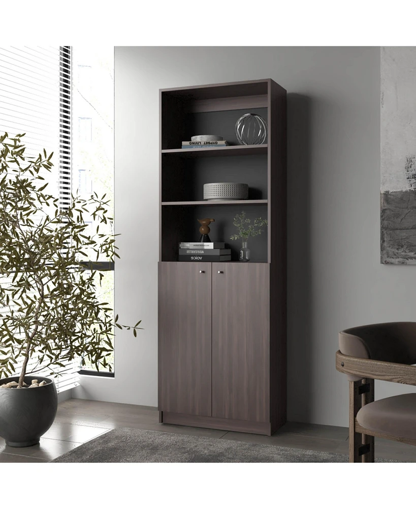 Beyerville Bookcase with Open Storage and 2 Doors, Stained Walnut