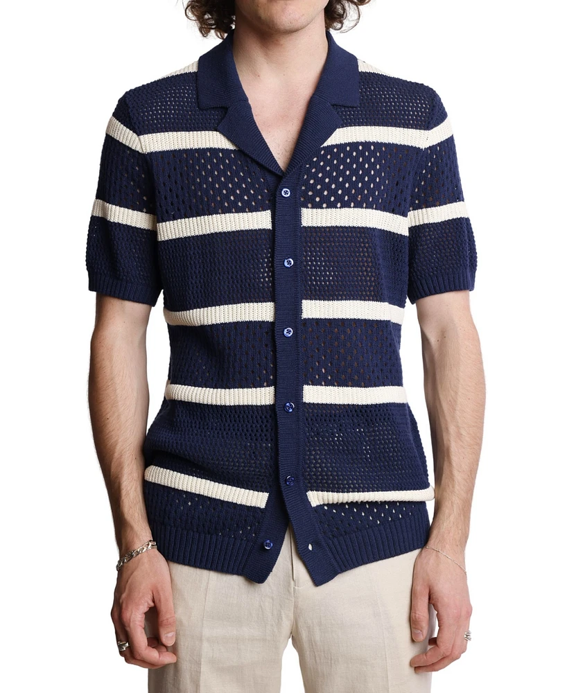 Paisley & Gray Men's Slim Fit Short Sleeve Striped Crochet Cardigan Sweater