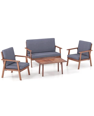 4 Pcs Patio Conversation Set Acacia Wood Sofa Coffee Table with Cushioned Seat