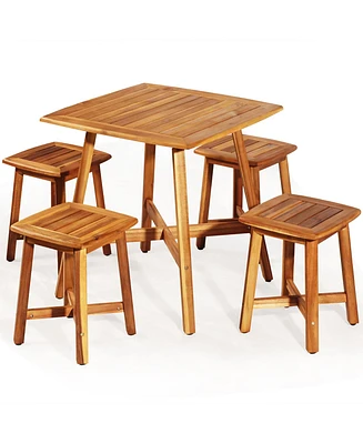 5PCS Acacia Patio Dining Set W/Square Table & 4 Stools Reddish