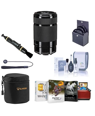 Sony E 55-210mm f/4.5-6.3 Oss Lens for Sony E, Black, Bundle with 49mm Filter Kit, Lens Case, Lens Cleaner, Cleaning Kit, Lens Cap Tether, Mac Softwar