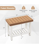 2-Tier Hdpe Shower Chair with Storage Shelf and Anti-slip Foot Pads for Bath Spa-Brown