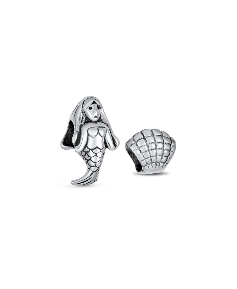 Bling Jewelry Set of 2 Nautical Clam Shell and Sea Mermaid Charm Bead Sterling Silver
