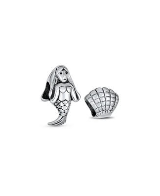 Bling Jewelry Set of 2 Nautical Clam Shell and Sea Mermaid Charm Bead Sterling Silver