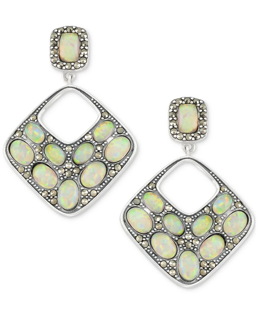 Mother of Pearl & Marcasite Square Drop Earrings in Sterling Silver