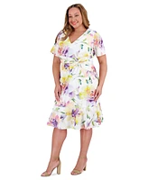 London Times Plus Twist-Front Ruffle-Hem Midi Dress
