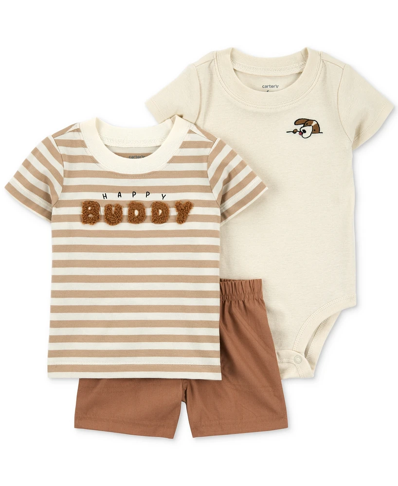 Carter's Baby Boys Happy Buddy Striped T-Shirt, Bodysuit & Shorts, 3 Piece Set