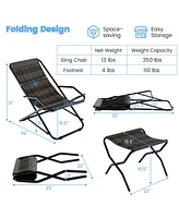 2 Pcs Patio Folding Rattan Sling Lounge Chair Ottoman Rocking Footrests Armrest