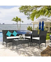4PCS Patio Rattan Furniture Set Cushioned Sofa Coffee Table Backyard Porch