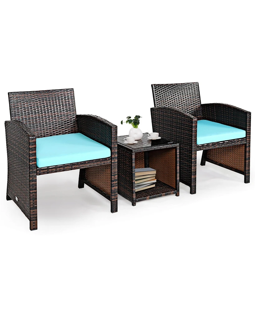 3PCS Patio Rattan Wicker Furniture Cushion Sofa Coffee Table