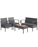 8PCS Patio Rattan Furniture Set Cushioned Chair Wooden Tabletop Gray
