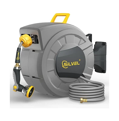 Silvel Retractable Garden Hose Reel, 1/2 x 110 ft Wall Mounted with 10 Pattern Nozzle, Any Length Lock, Slow Return System, 180&#