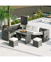 Mondawe Outdoor 6-Piece All Weather Pe Rattan Sectional Furniture Set with Adjustable Seat, Storage Box, Removable Covers and Tempered Glass Top Table