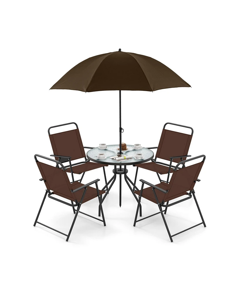 6 Pieces Patio Dining Set Folding Chairs Glass Table Tilt Umbrella for Garden