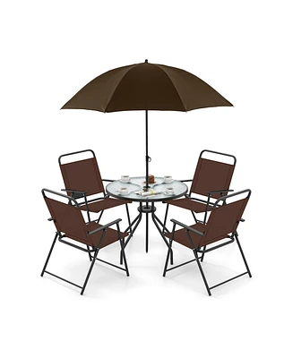 6 Pieces Patio Dining Set Folding Chairs Glass Table Tilt Umbrella for Garden