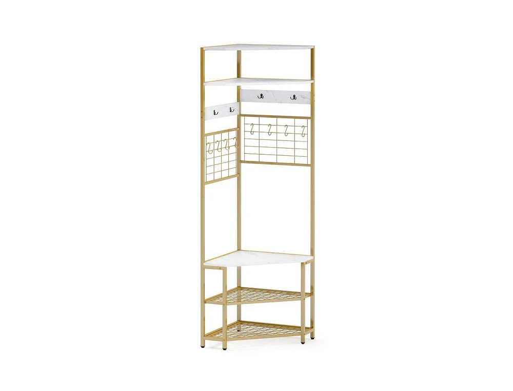 Corner Hall Tree with 5-Tier Shelves and Shoe Bench for Entryway Organization
